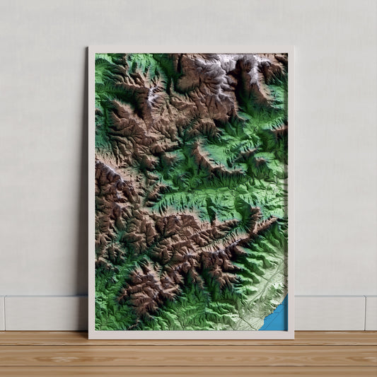 Mapa artístico del relieve de Vandellòs i l'Hospitalet de l'Infant, al Baix Camp, con 15 km de entorno y base topográfica ICGC. Presentación enmarcada.