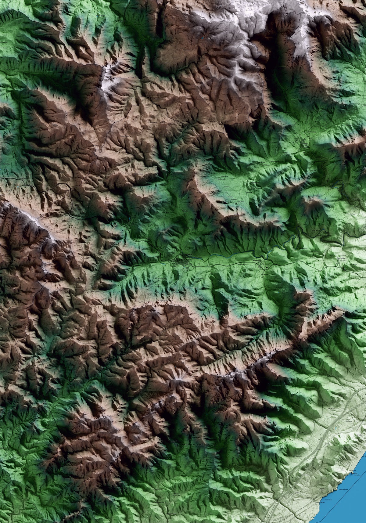 Mapa artístico del relieve de Vandellòs i l'Hospitalet de l'Infant, al Baix Camp, con 15 km de entorno y base topográfica ICGC