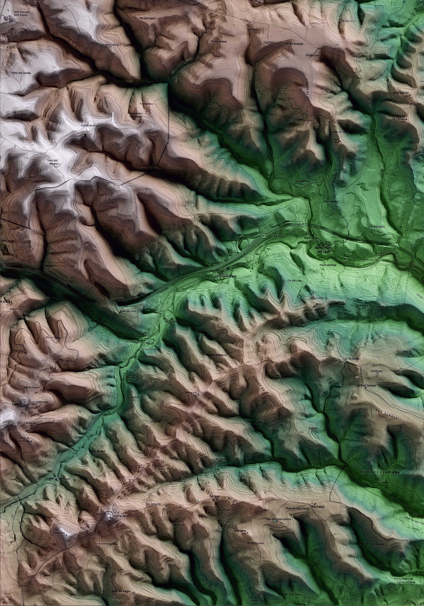 Mapa artístico del relieve de Veciana, al Anoia, con 15 km de entorno y base topográfica ICGC. Detalle de la zona inferior izquierda.