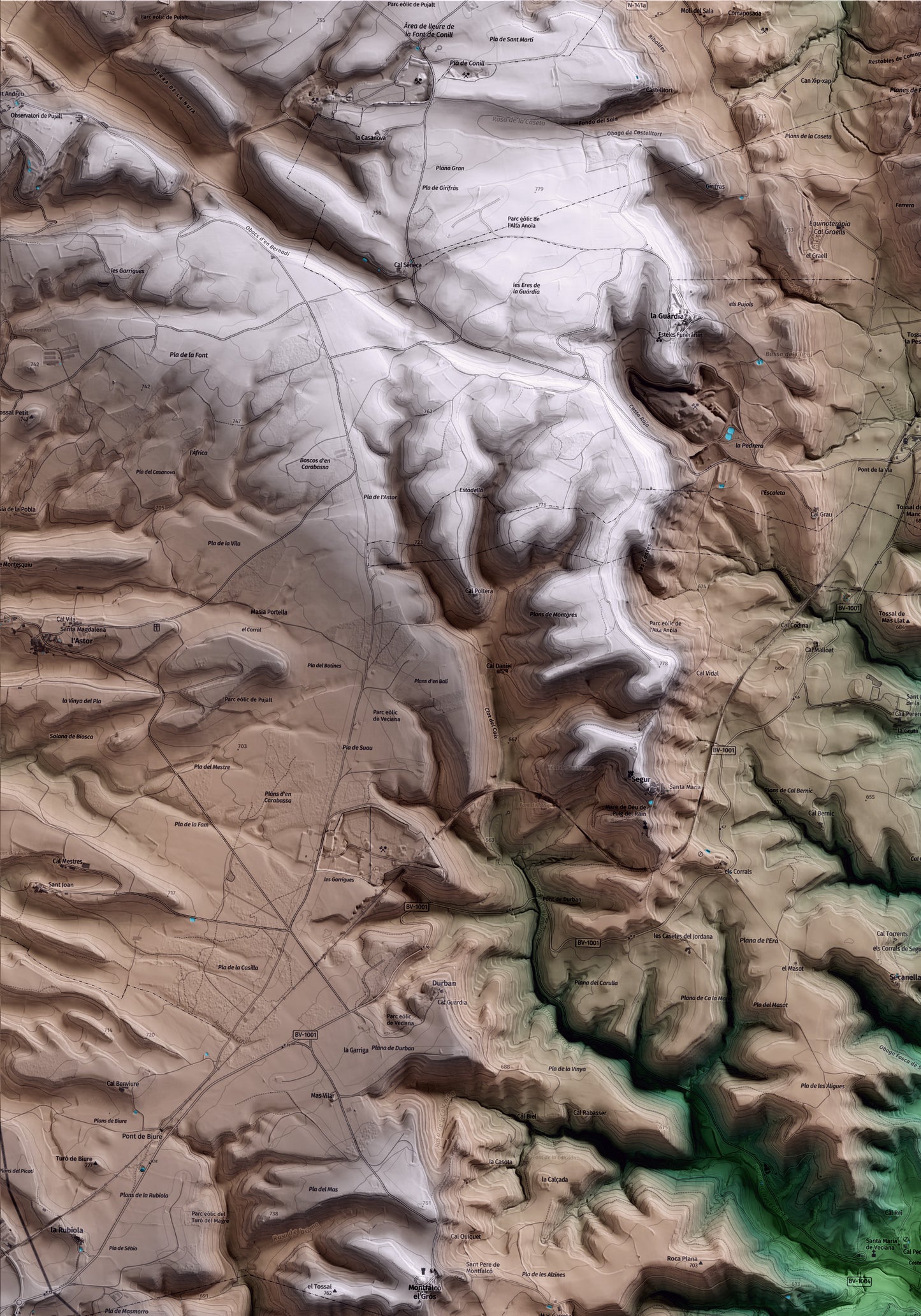 Mapa artístico del relieve de Veciana, al Anoia, con 15 km de entorno y base topográfica ICGC. Detalle de la zona superior izquierda.