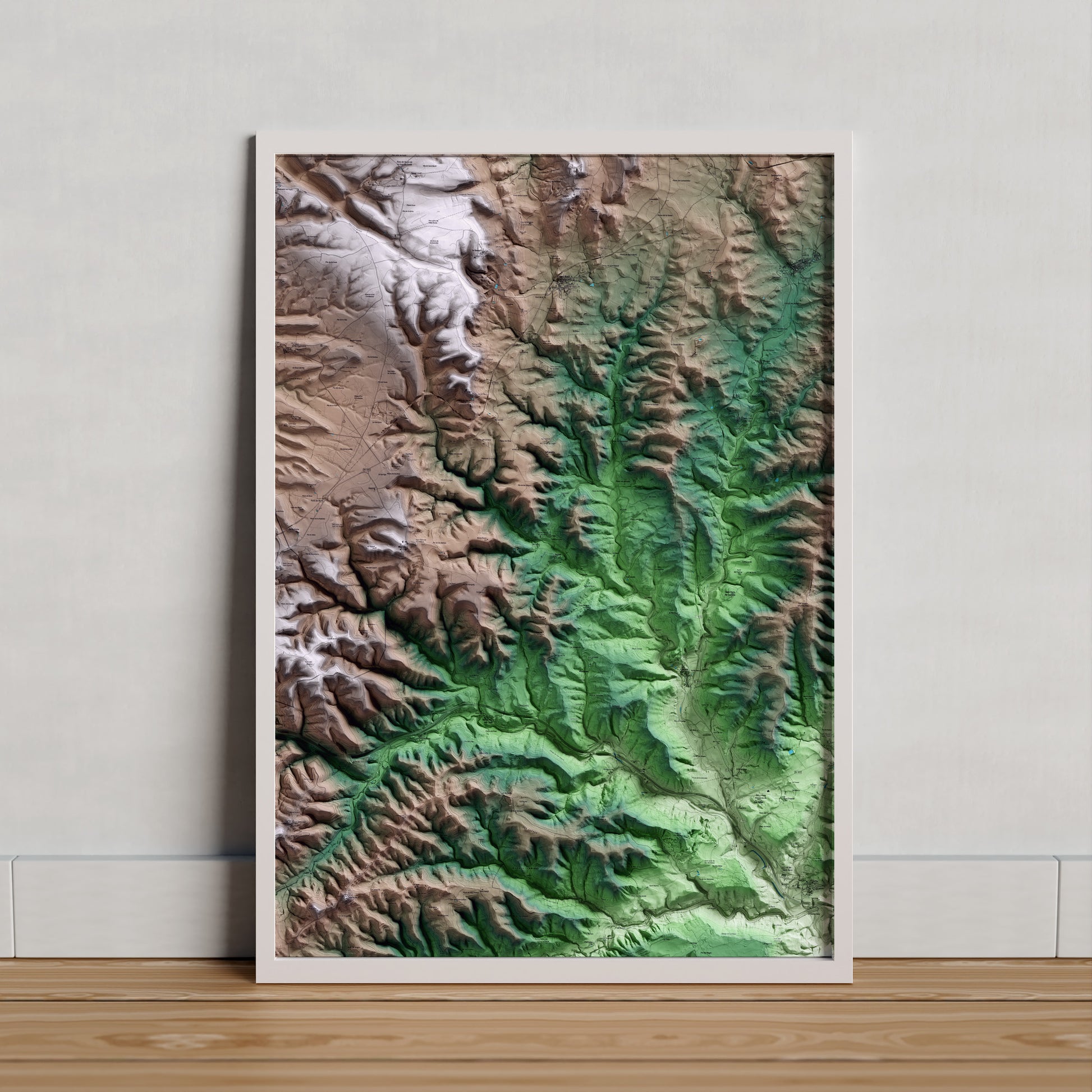 Mapa artístico del relieve de Veciana, al Anoia, con 15 km de entorno y base topográfica ICGC. Presentación enmarcada.