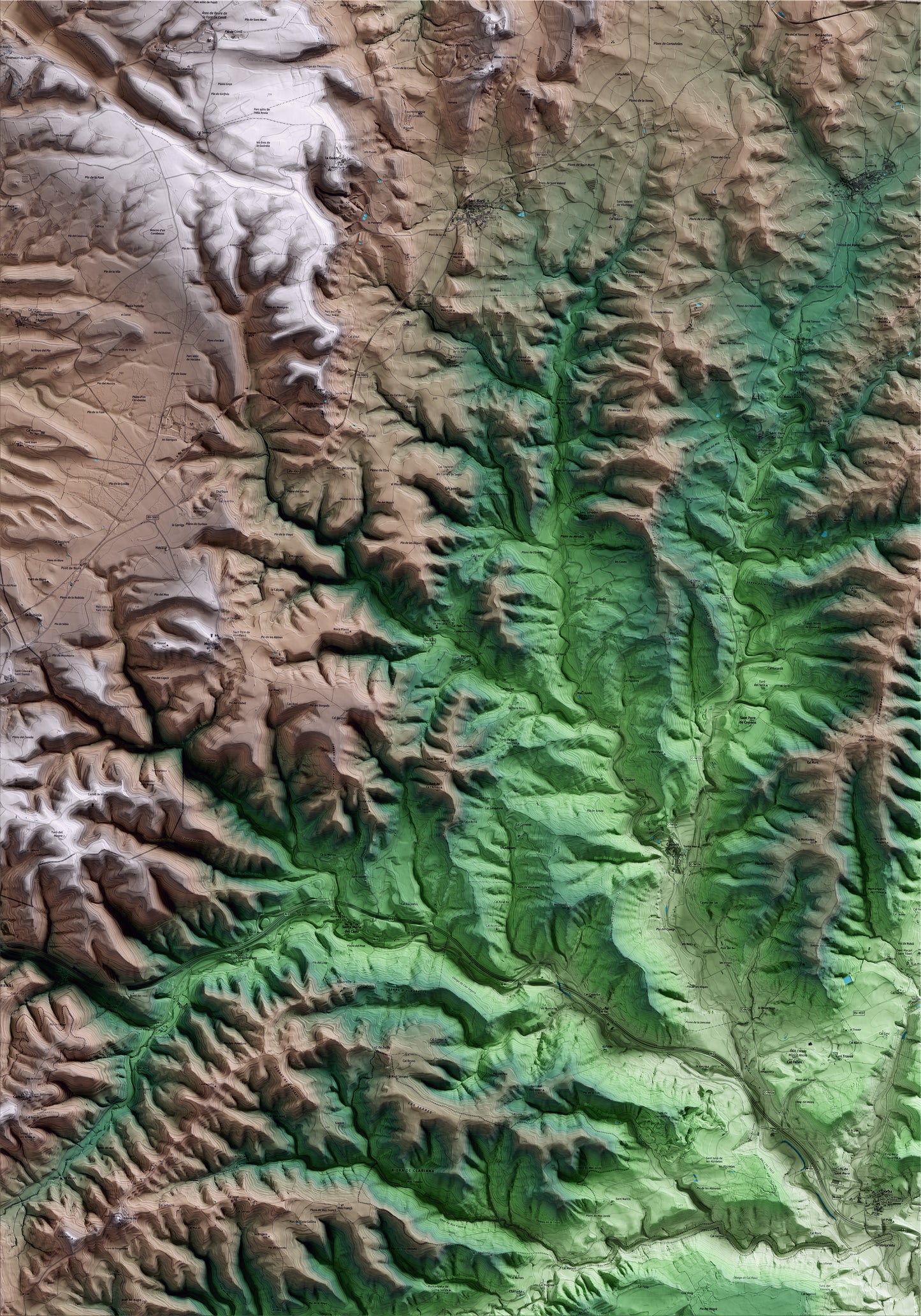 Mapa artístico del relieve de Veciana, al Anoia, con 15 km de entorno y base topográfica ICGC