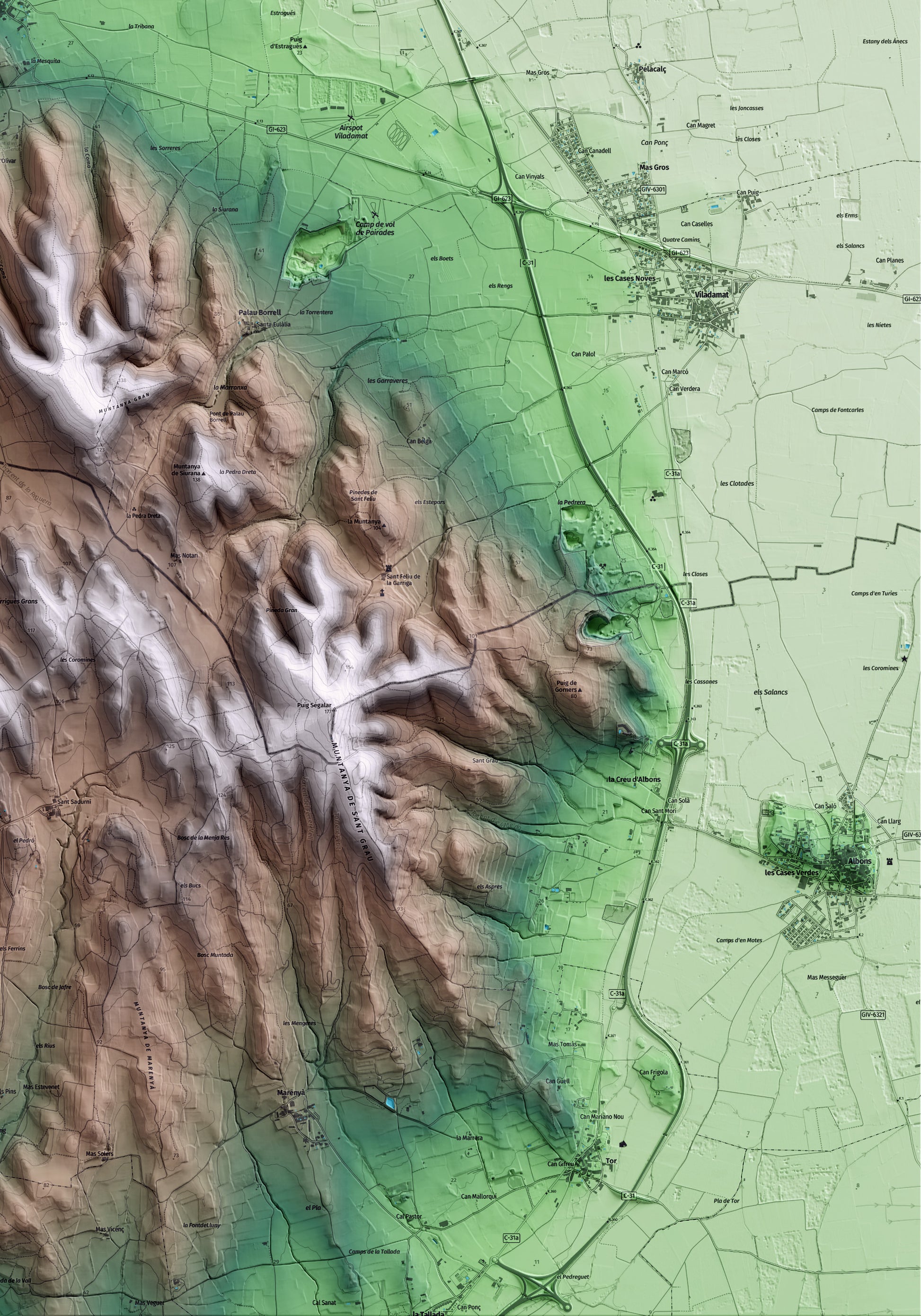 Mapa artístico del relieve de Ventalló, al Alt Empordà, con 15 km de entorno y base topográfica ICGC. Detalle de la zona inferior derecha.