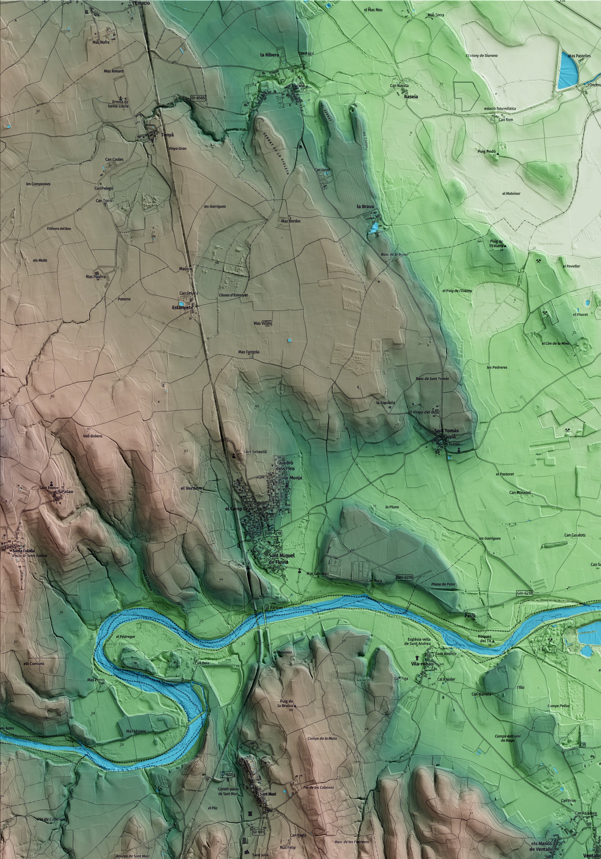 Mapa artístico del relieve de Ventalló, al Alt Empordà, con 15 km de entorno y base topográfica ICGC. Detalle de la zona superior izquierda.