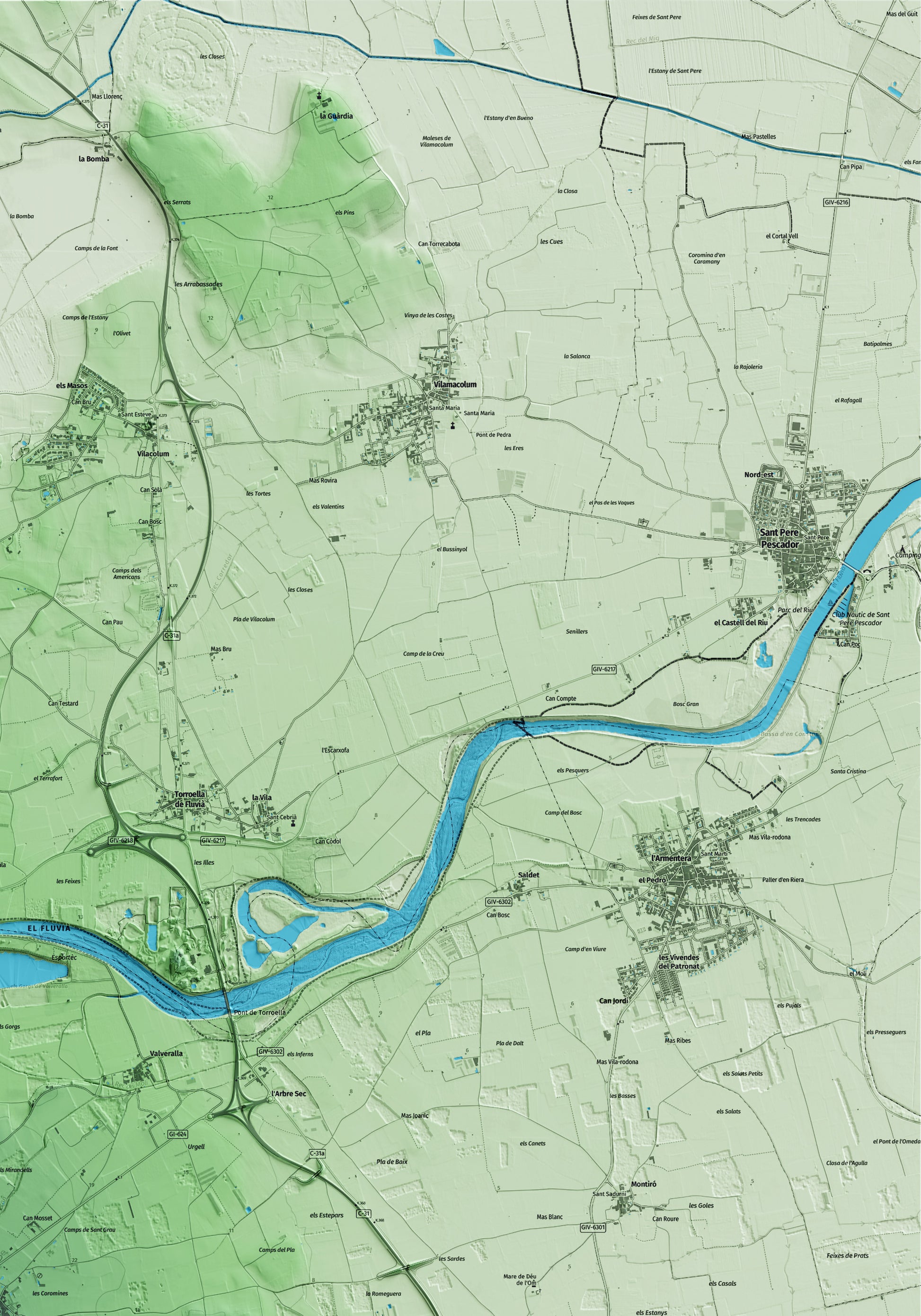 Mapa artístico del relieve de Ventalló, al Alt Empordà, con 15 km de entorno y base topográfica ICGC. Detalle de la zona superior derecha.