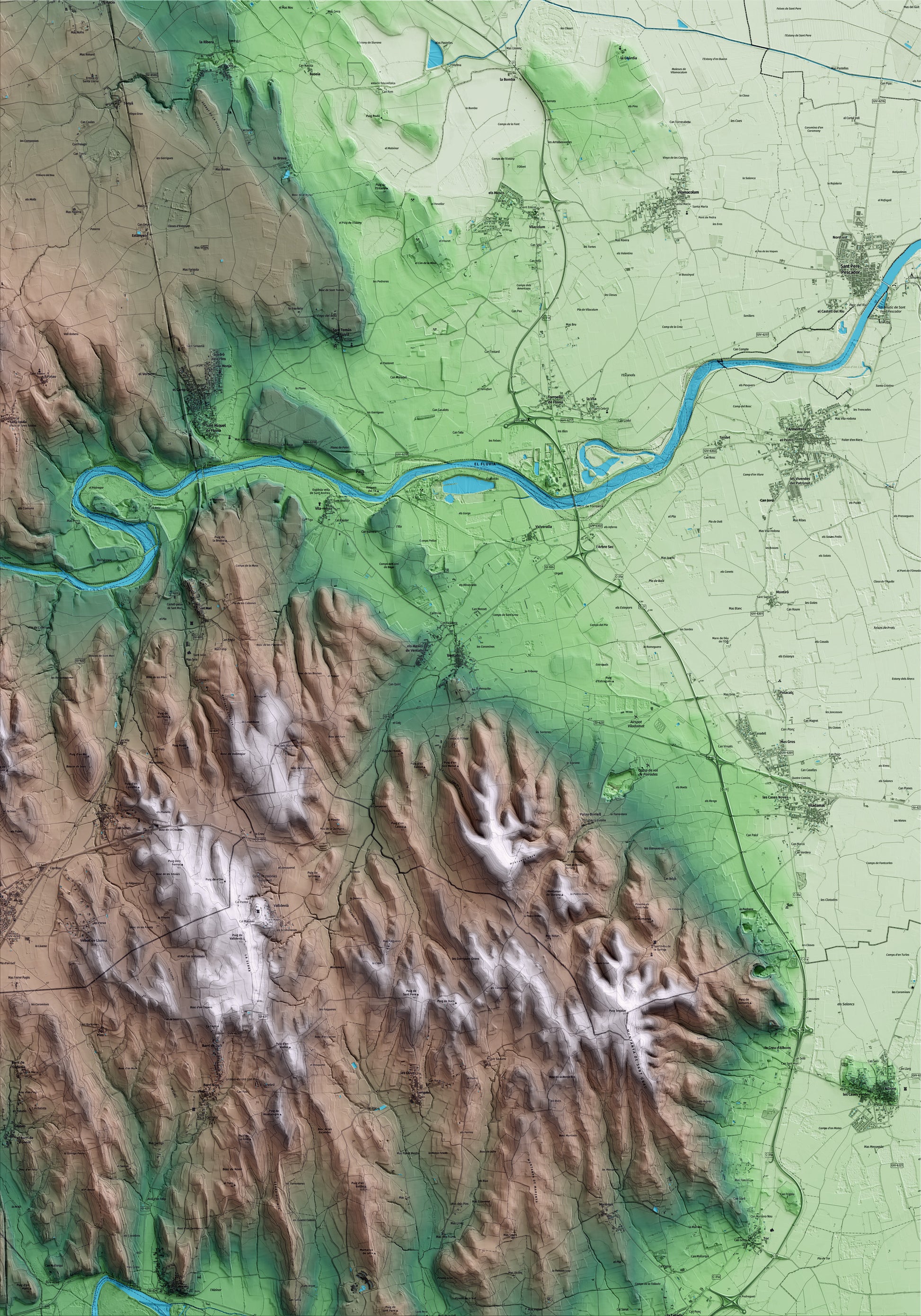 Mapa artístico del relieve de Ventalló, al Alt Empordà, con 15 km de entorno y base topográfica ICGC