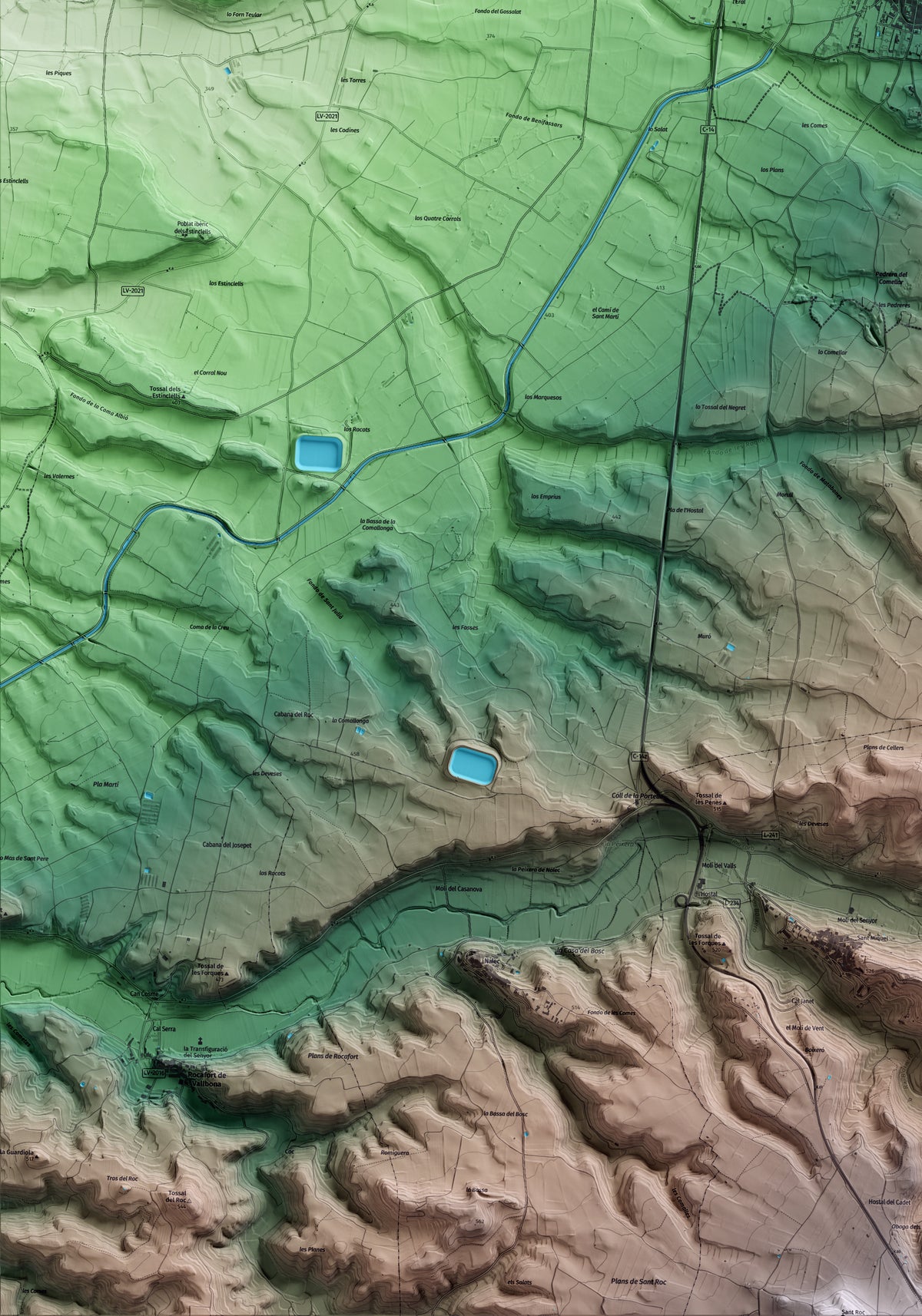 Mapa artístico del relieve de Verdú, al Urgell, con 15 km de entorno y base topográfica ICGC. Detalle de la zona inferior izquierda.