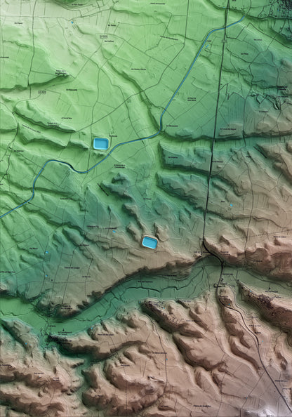 Mapa artístico del relieve de Verdú, al Urgell, con 15 km de entorno y base topográfica ICGC. Detalle de la zona inferior izquierda.
