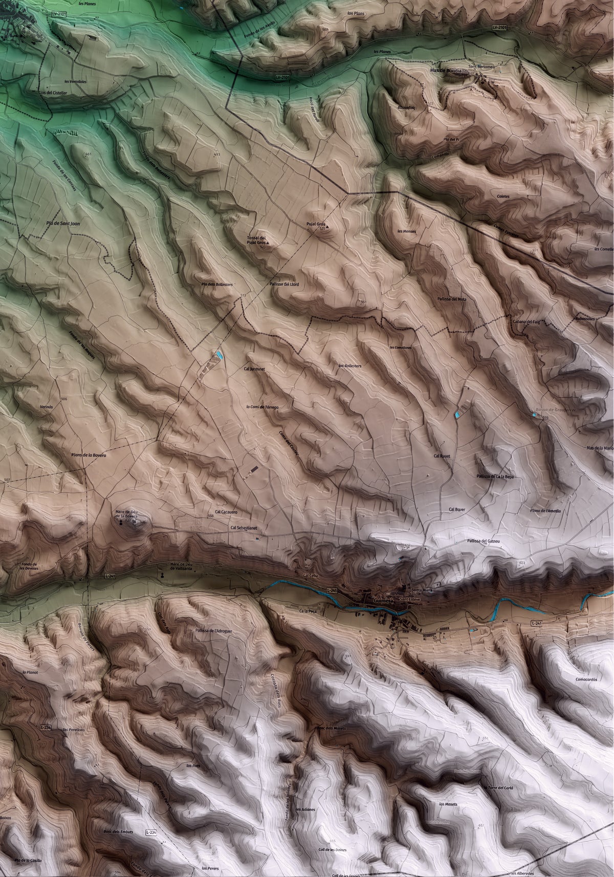 Mapa artístico del relieve de Verdú, al Urgell, con 15 km de entorno y base topográfica ICGC. Detalle de la zona inferior derecha.