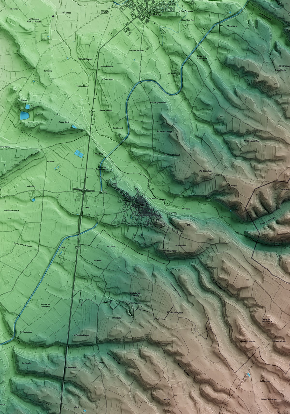 Mapa artístico del relieve de Verdú, al Urgell, con 15 km de entorno y base topográfica ICGC. Detalle de la zona central.