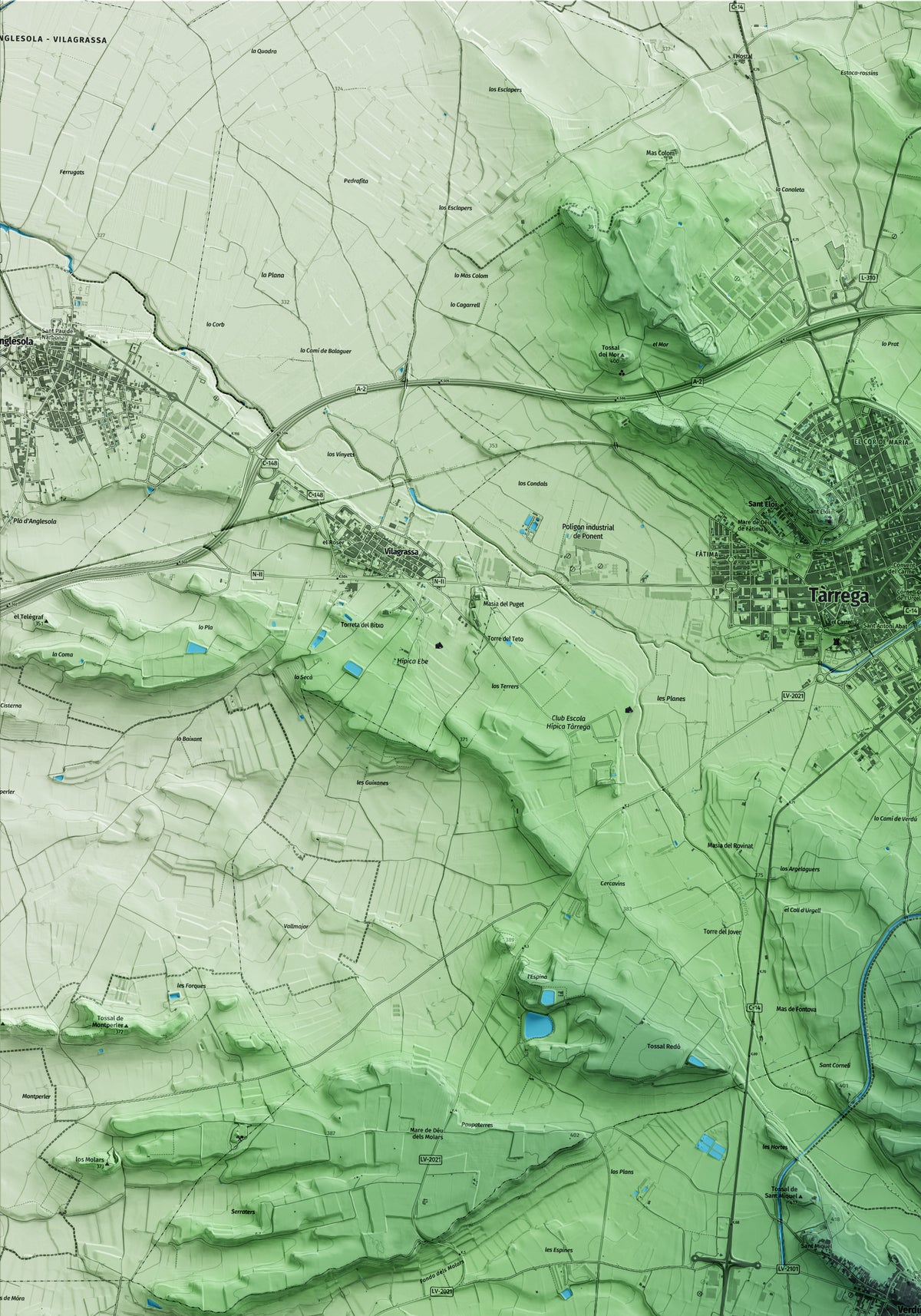 Mapa artístico del relieve de Verdú, al Urgell, con 15 km de entorno y base topográfica ICGC. Detalle de la zona superior izquierda.
