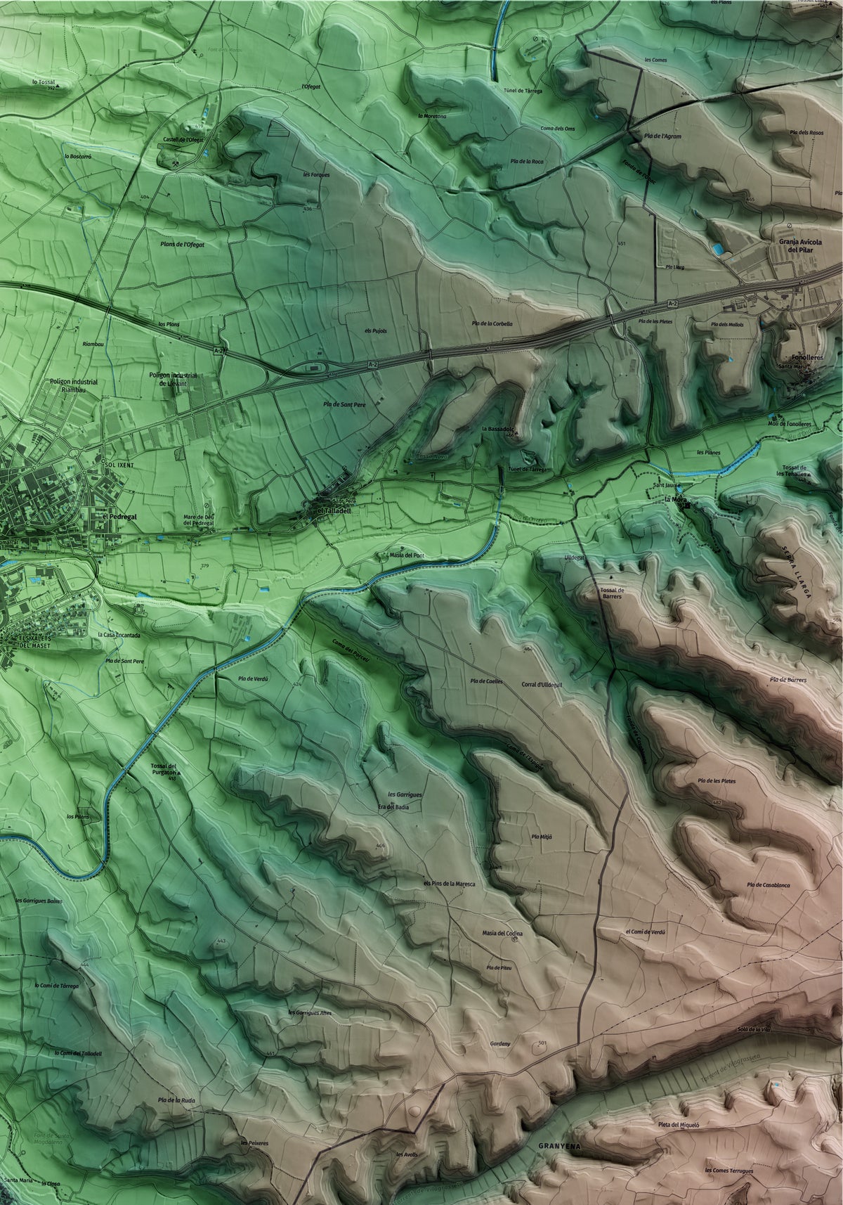 Mapa artístico del relieve de Verdú, al Urgell, con 15 km de entorno y base topográfica ICGC. Detalle de la zona superior derecha.