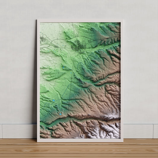 Mapa artístico del relieve de Verdú, al Urgell, con 15 km de entorno y base topográfica ICGC. Presentación enmarcada.