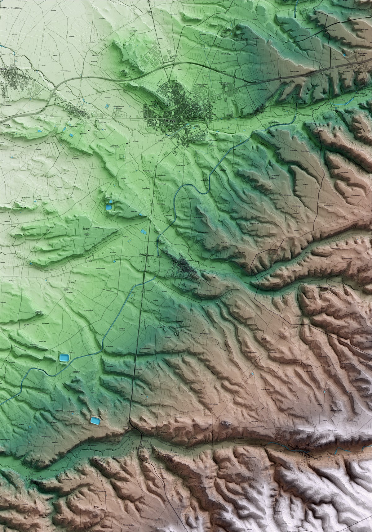 Mapa artístico del relieve de Verdú, al Urgell, con 15 km de entorno y base topográfica ICGC
