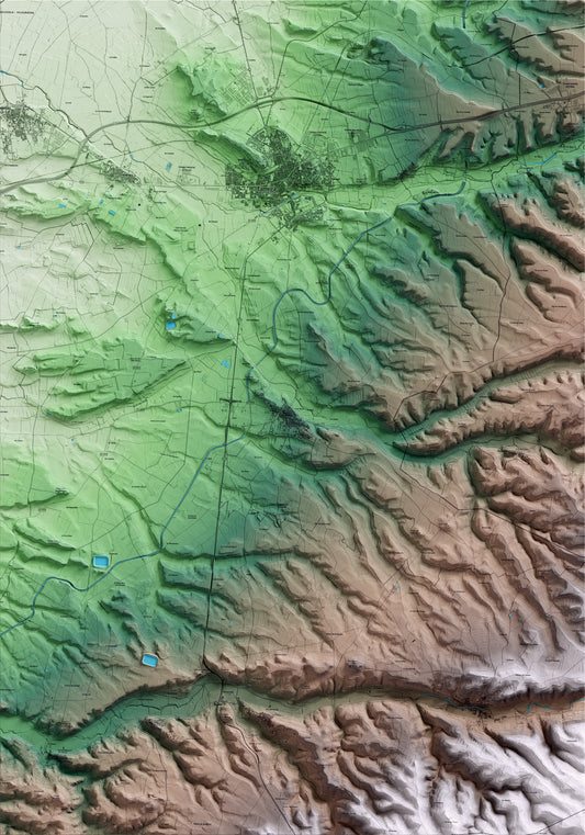 Mapa artístico del relieve de Verdú, al Urgell, con 15 km de entorno y base topográfica ICGC