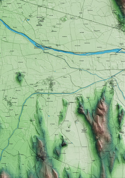 Mapa artístico del relieve de Verges, al Baix Empordà, con 15 km de entorno y base topográfica ICGC. Detalle de la zona inferior derecha.