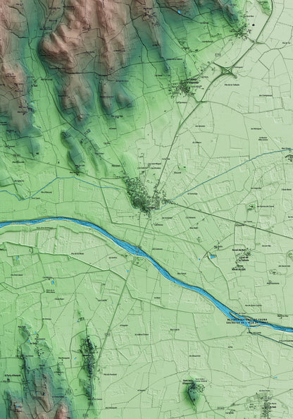 Mapa artístico del relieve de Verges, al Baix Empordà, con 15 km de entorno y base topográfica ICGC. Detalle de la zona central.