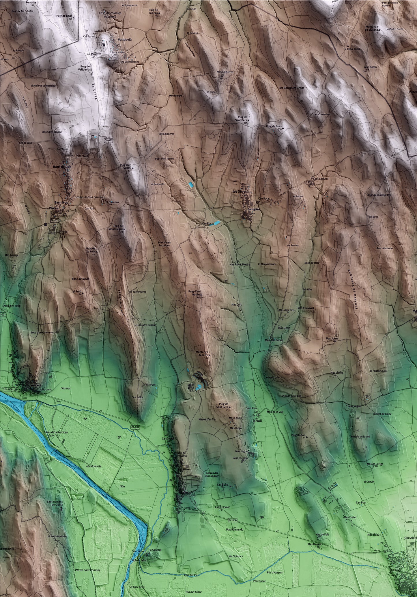 Mapa artístico del relieve de Verges, al Baix Empordà, con 15 km de entorno y base topográfica ICGC. Detalle de la zona superior izquierda.