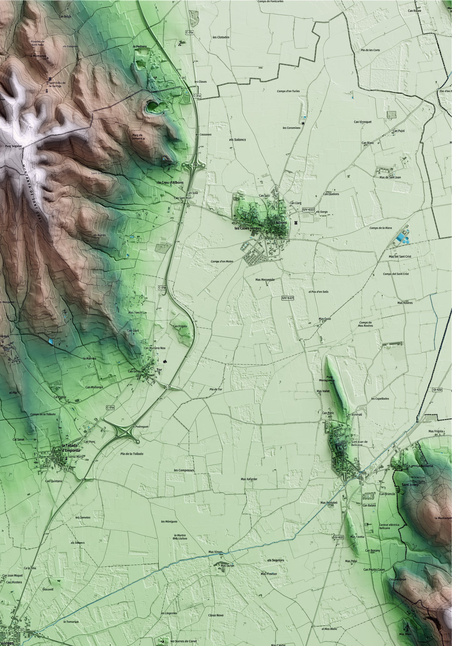 Mapa artístico del relieve de Verges, al Baix Empordà, con 15 km de entorno y base topográfica ICGC. Detalle de la zona superior derecha.