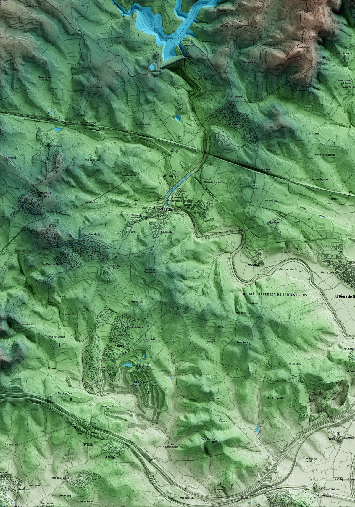 Mapa artístico del relieve de Vespella de Gaià, al Tarragonès, con 15 km de entorno y base topográfica ICGC. Detalle de la zona inferior izquierda.