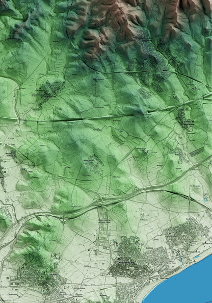 Mapa artístico del relieve de Vespella de Gaià, al Tarragonès, con 15 km de entorno y base topográfica ICGC. Detalle de la zona inferior derecha.