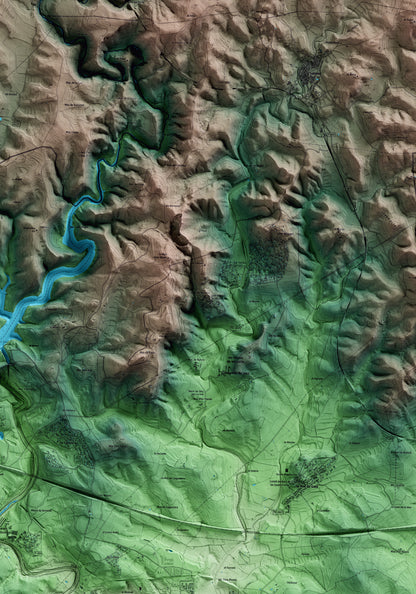 Mapa artístico del relieve de Vespella de Gaià, al Tarragonès, con 15 km de entorno y base topográfica ICGC. Detalle de la zona central.