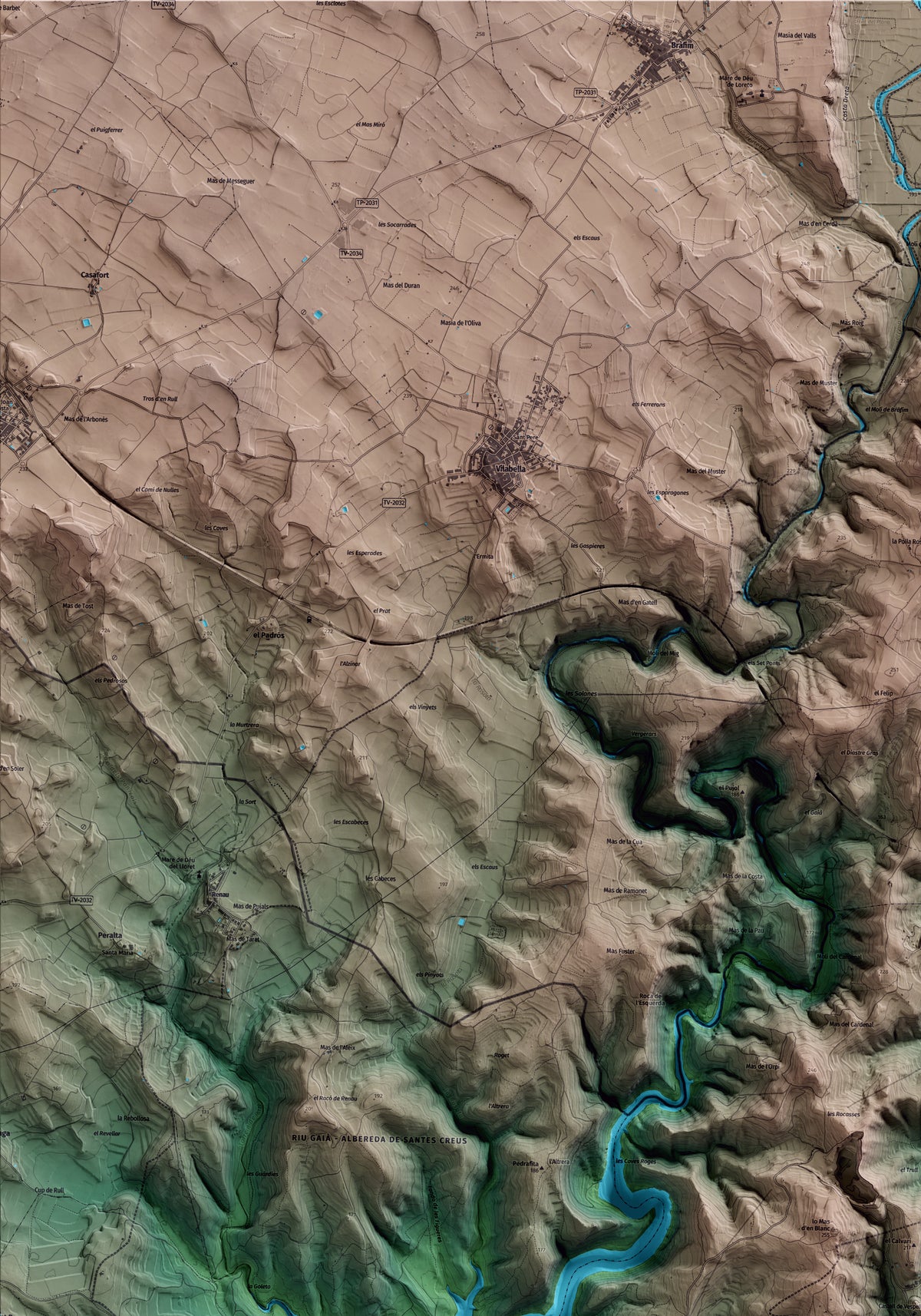 Mapa artístico del relieve de Vespella de Gaià, al Tarragonès, con 15 km de entorno y base topográfica ICGC. Detalle de la zona superior izquierda.