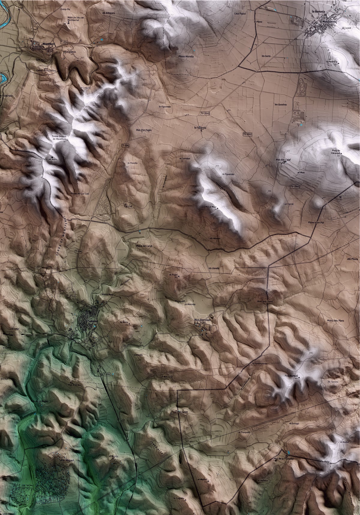 Mapa artístico del relieve de Vespella de Gaià, al Tarragonès, con 15 km de entorno y base topográfica ICGC. Detalle de la zona superior derecha.