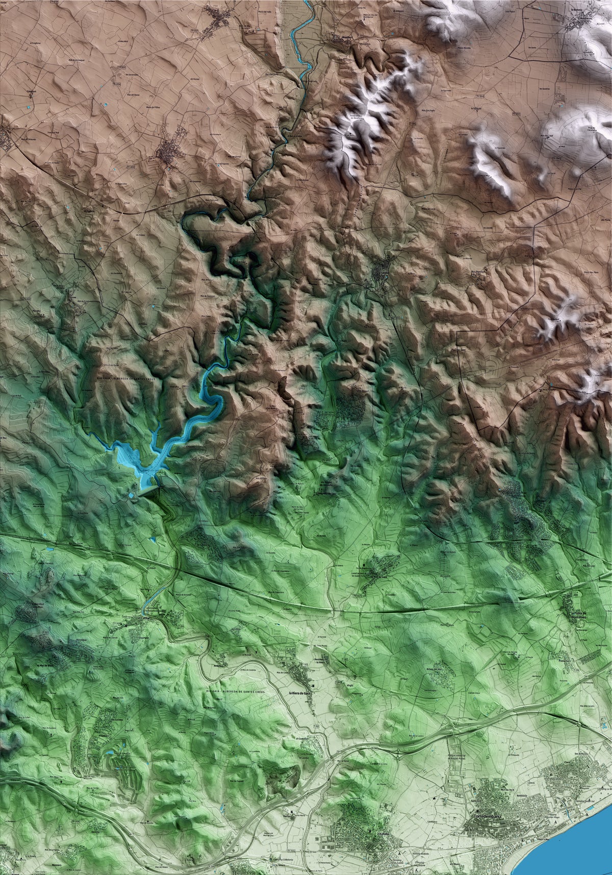 Mapa artístico del relieve de Vespella de Gaià, al Tarragonès, con 15 km de entorno y base topográfica ICGC