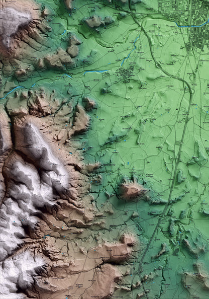 Mapa artístico del relieve de Vic, a Osona, con 15 km de entorno y base topográfica ICGC. Detalle de la zona inferior izquierda.