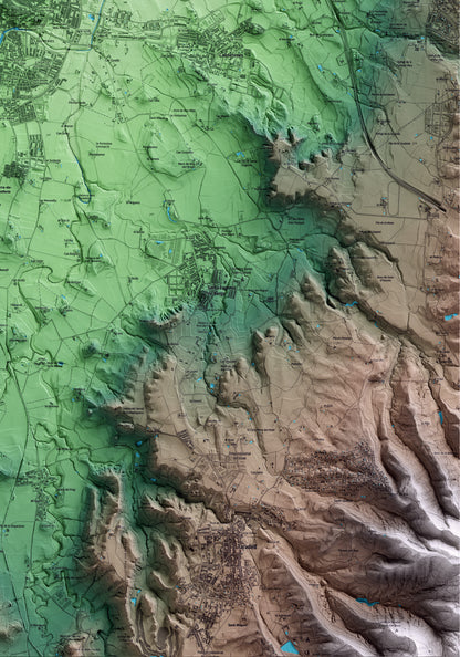 Mapa artístico del relieve de Vic, a Osona, con 15 km de entorno y base topográfica ICGC. Detalle de la zona inferior derecha.