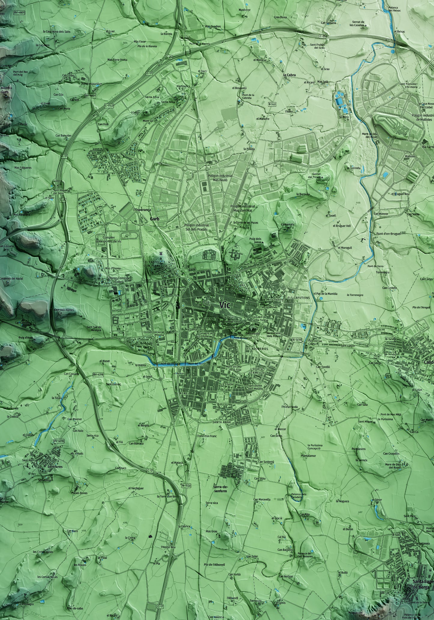 Mapa artístico del relieve de Vic, a Osona, con 15 km de entorno y base topográfica ICGC. Detalle de la zona central.