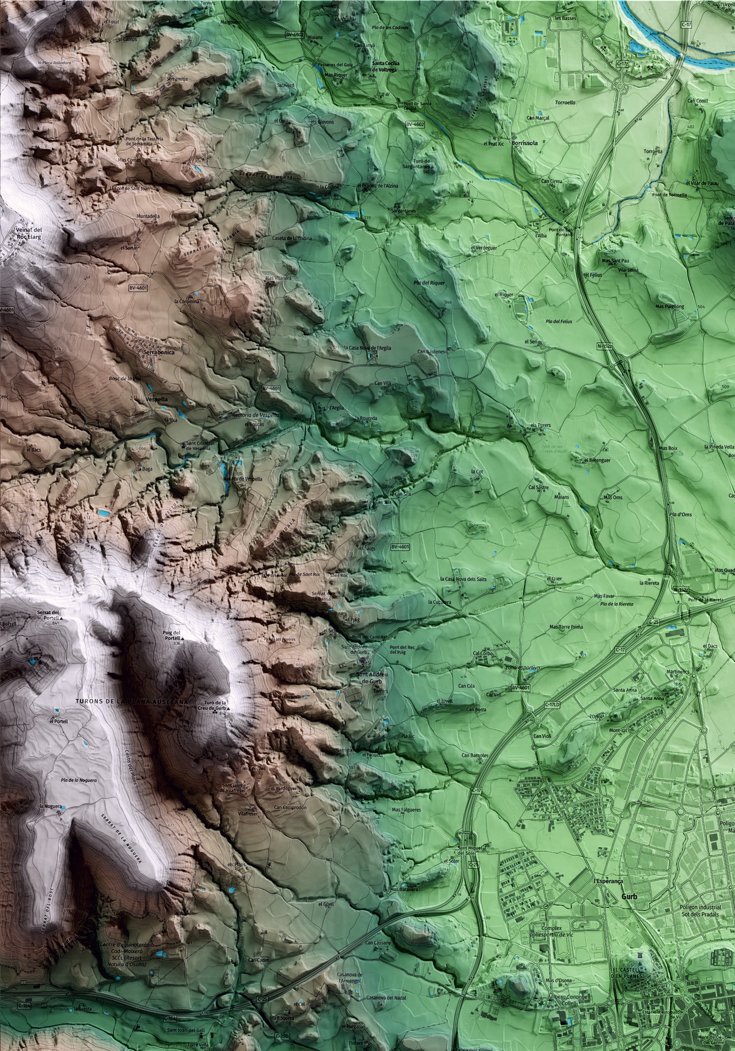 Mapa artístico del relieve de Vic, a Osona, con 15 km de entorno y base topográfica ICGC. Detalle de la zona superior izquierda.