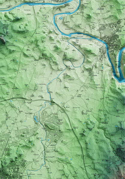 Mapa artístico del relieve de Vic, a Osona, con 15 km de entorno y base topográfica ICGC. Detalle de la zona superior derecha.
