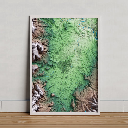 Mapa artístico del relieve de Vic, a Osona, con 15 km de entorno y base topográfica ICGC. Presentación enmarcada.