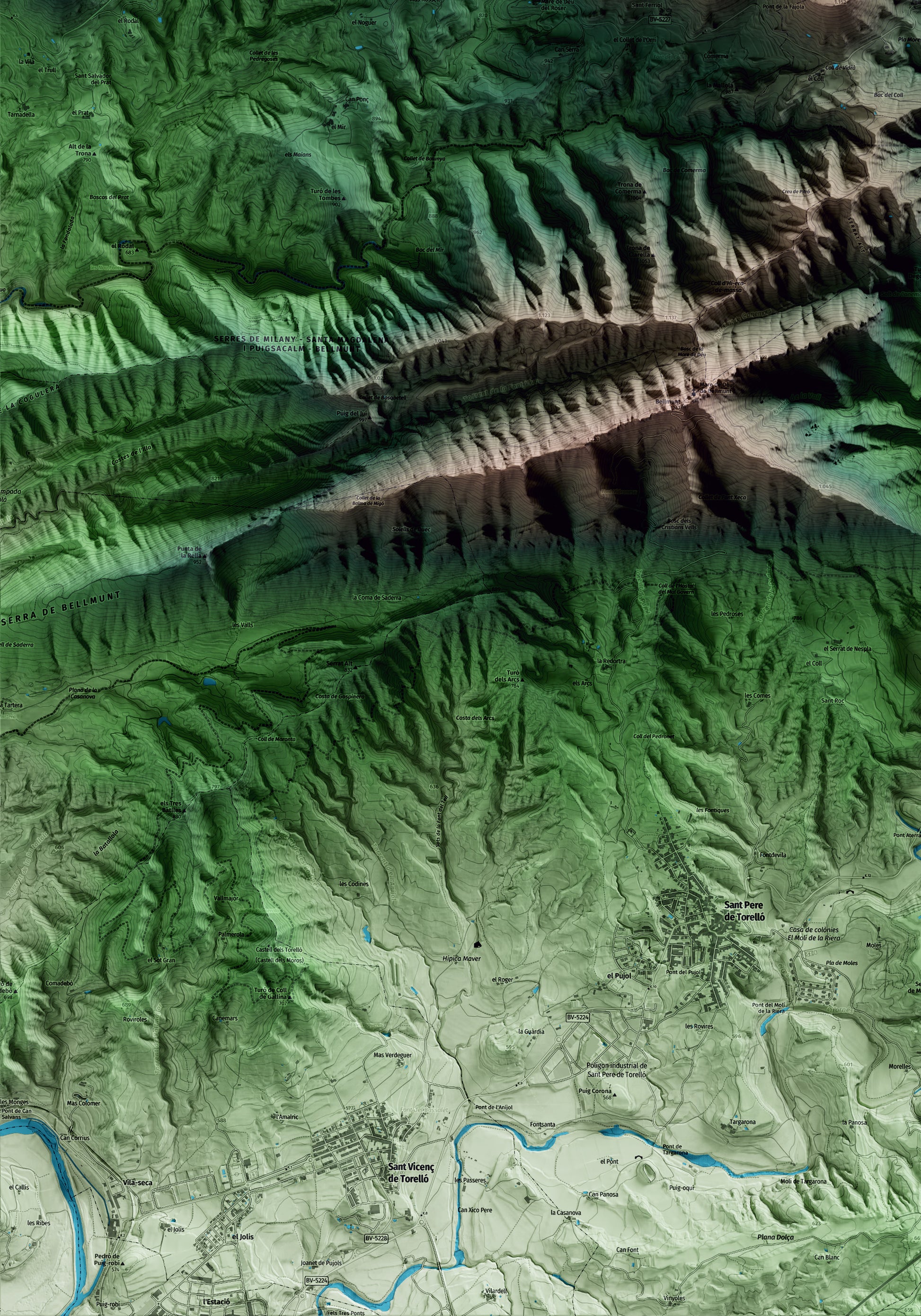 Mapa artístico del relieve de Vidrà, a Osona, con 15 km de entorno y base topográfica ICGC. Detalle de la zona inferior izquierda.