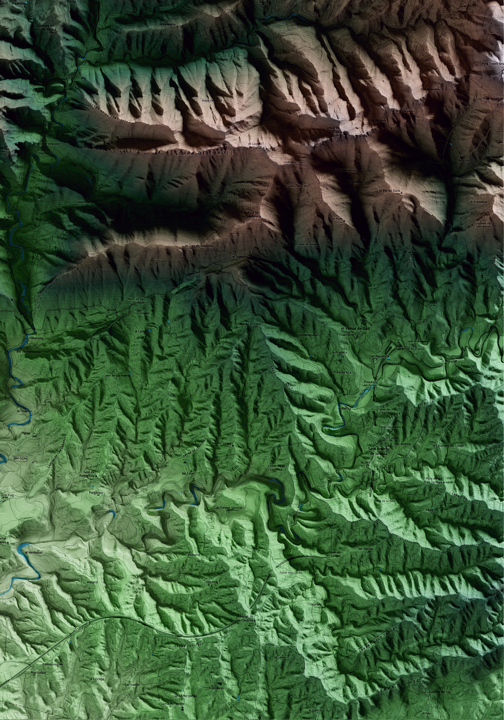 Mapa artístico del relieve de Vidrà, a Osona, con 15 km de entorno y base topográfica ICGC. Detalle de la zona inferior derecha.