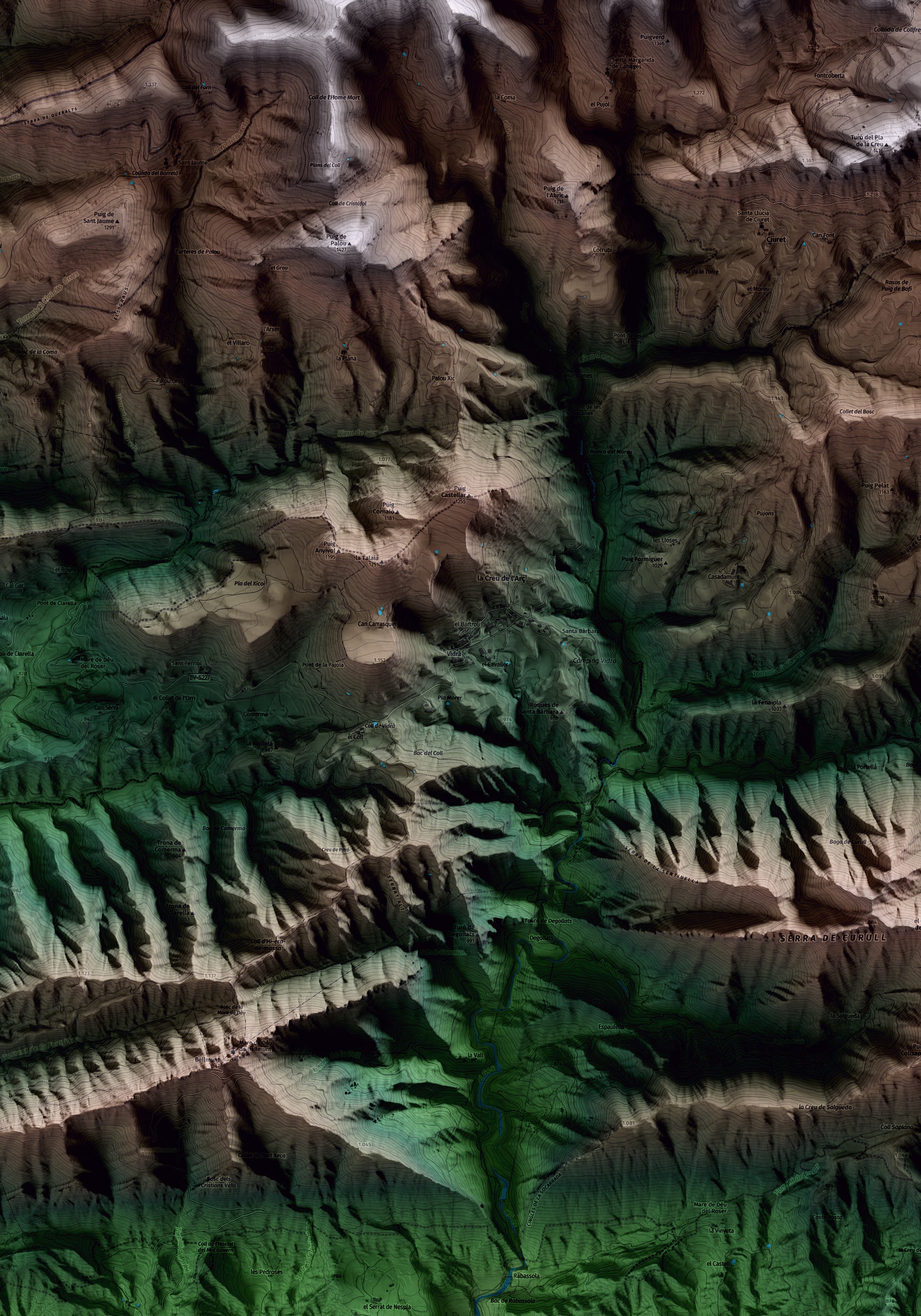 Mapa artístico del relieve de Vidrà, a Osona, con 15 km de entorno y base topográfica ICGC. Detalle de la zona central.
