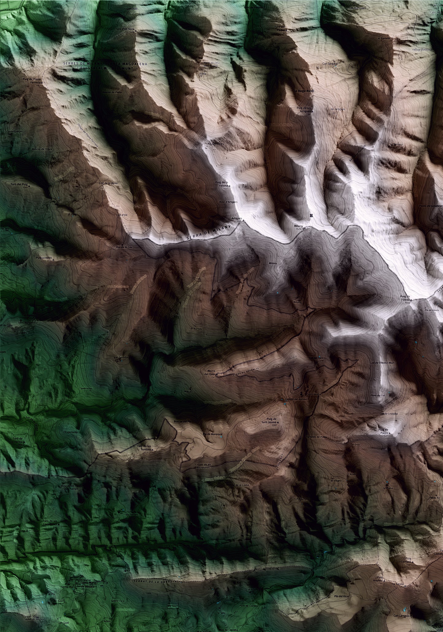 Mapa artístico del relieve de Vidrà, a Osona, con 15 km de entorno y base topográfica ICGC. Detalle de la zona superior izquierda.