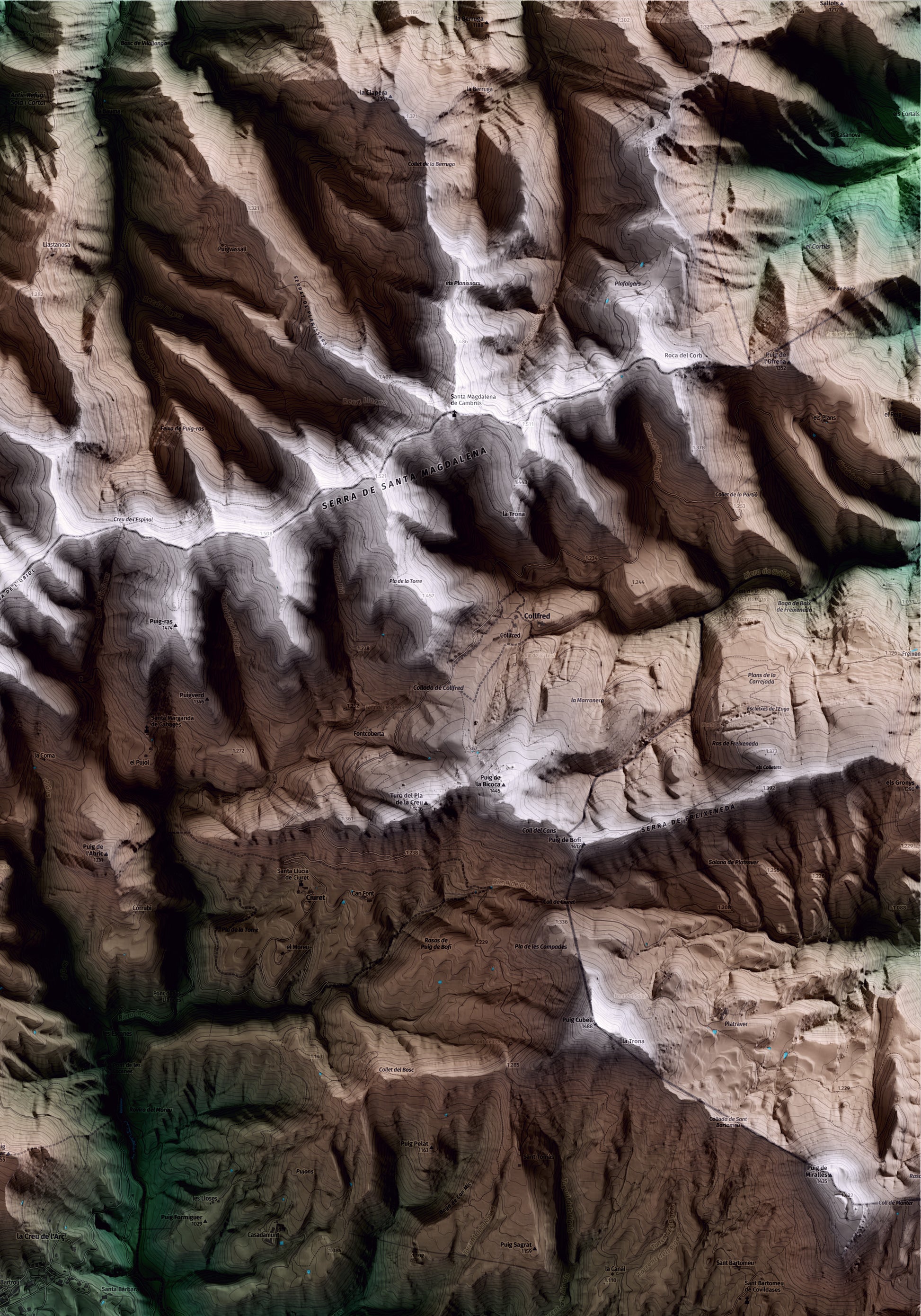Mapa artístico del relieve de Vidrà, a Osona, con 15 km de entorno y base topográfica ICGC. Detalle de la zona superior derecha.