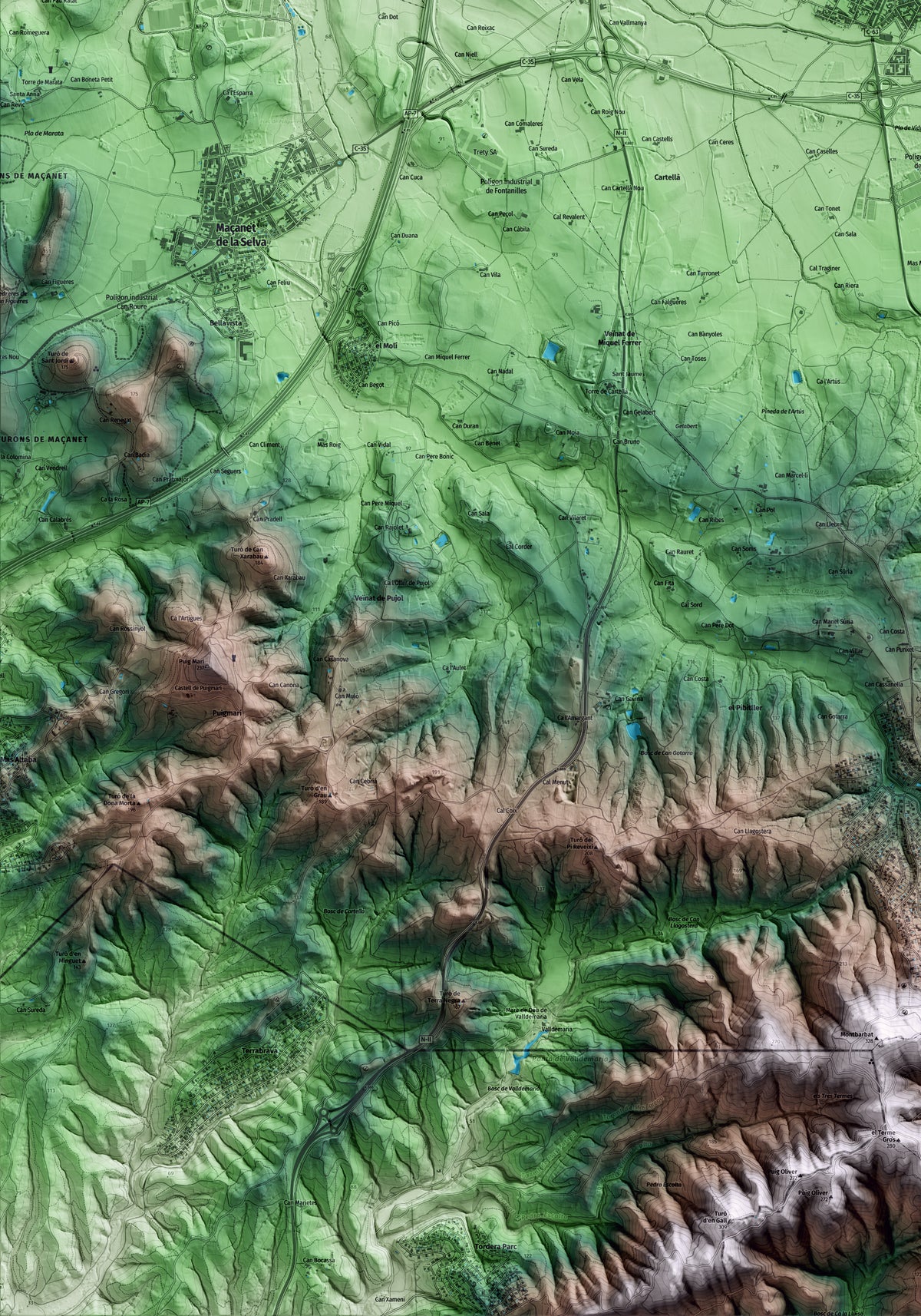 Mapa artístico del relieve de Vidreres, a la Selva, con 15 km de entorno y base topográfica ICGC. Detalle de la zona inferior izquierda.