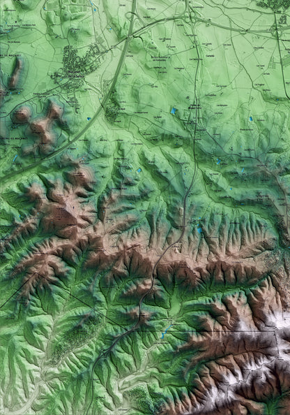 Mapa artístico del relieve de Vidreres, a la Selva, con 15 km de entorno y base topográfica ICGC. Detalle de la zona inferior izquierda.