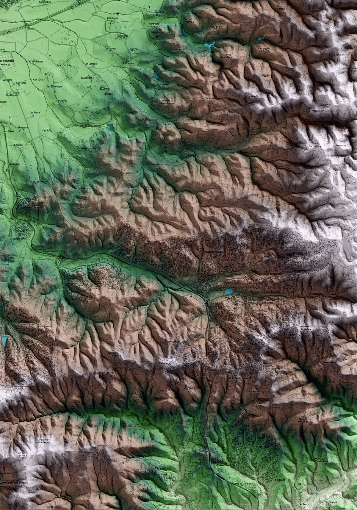 Mapa artístico del relieve de Vidreres, a la Selva, con 15 km de entorno y base topográfica ICGC. Detalle de la zona inferior derecha.