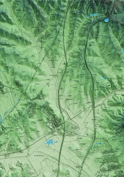 Mapa artístico del relieve de Vidreres, a la Selva, con 15 km de entorno y base topográfica ICGC. Detalle de la zona superior izquierda.