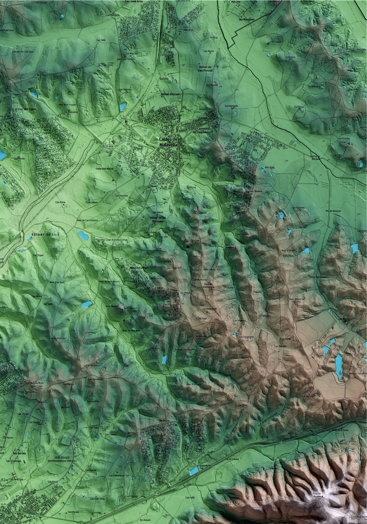 Mapa artístico del relieve de Vidreres, a la Selva, con 15 km de entorno y base topográfica ICGC. Detalle de la zona superior derecha.