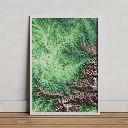 Mapa artístico del relieve de Vidreres, a la Selva, con 15 km de entorno y base topográfica ICGC. Presentación enmarcada.