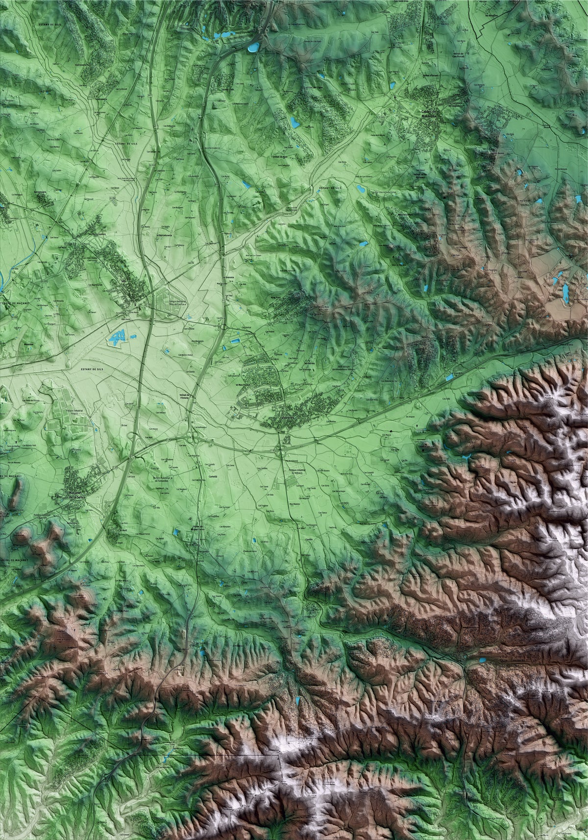 Mapa artístico del relieve de Vidreres, a la Selva, con 15 km de entorno y base topográfica ICGC