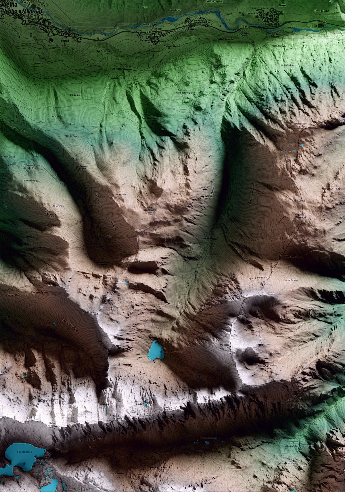 Mapa artístico del relieve de Vielha e Mijaran, al Aran, con 15 km de entorno y base topográfica ICGC. Detalle de la zona inferior derecha.