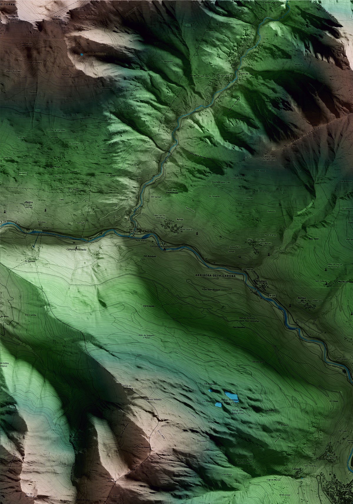 Mapa artístico del relieve de Vielha e Mijaran, al Aran, con 15 km de entorno y base topográfica ICGC. Detalle de la zona superior izquierda.