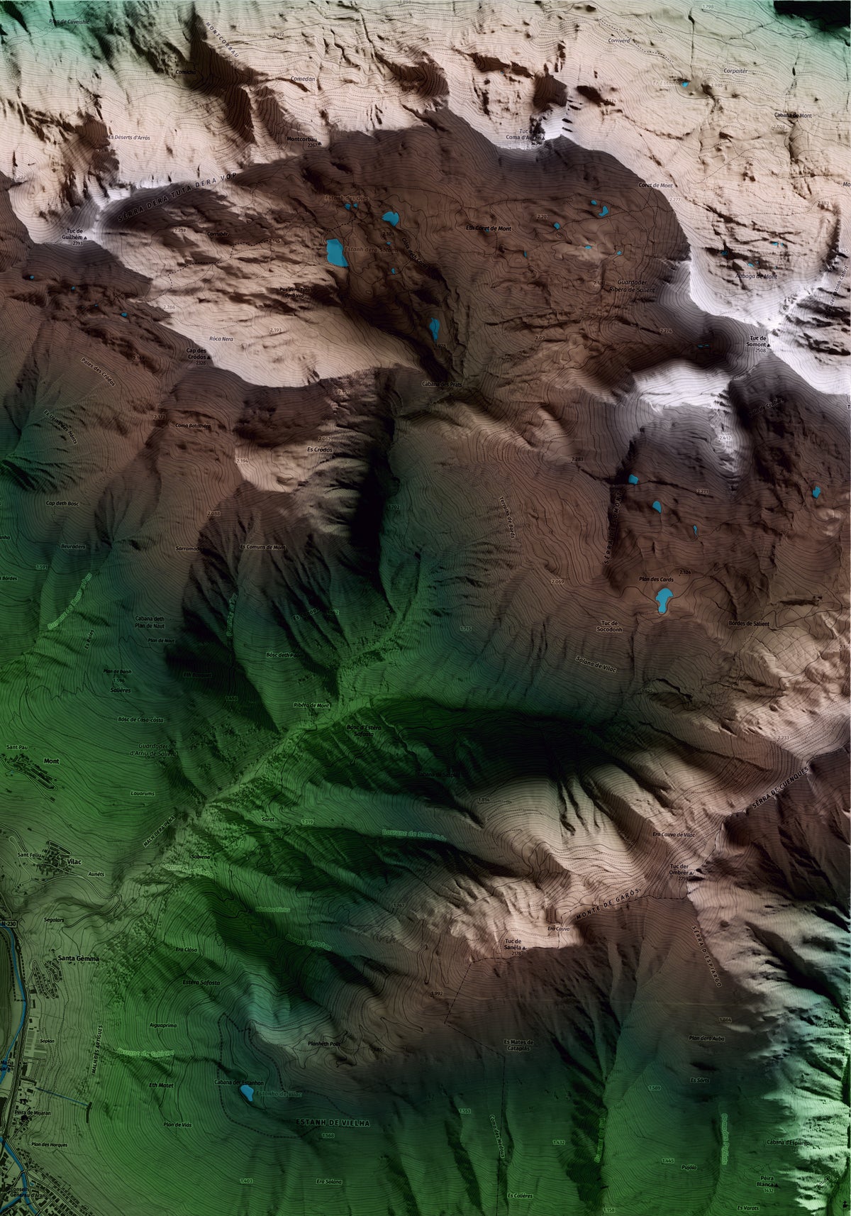 Mapa artístico del relieve de Vielha e Mijaran, al Aran, con 15 km de entorno y base topográfica ICGC. Detalle de la zona superior derecha.